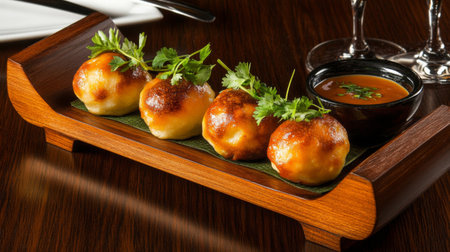 A close-up of golden-brown cheese balls on a rustic wooden platter, garnished with fresh herbs and served with a dipping sauce, creating an inviting snack sceneの素材