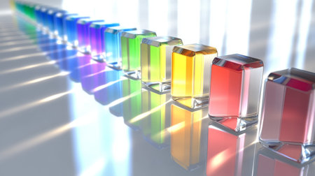 A clear D bar graph with metallic bars and gradient colors, arranged on a white reflective surface, creating a clean, professional aestheticの素材