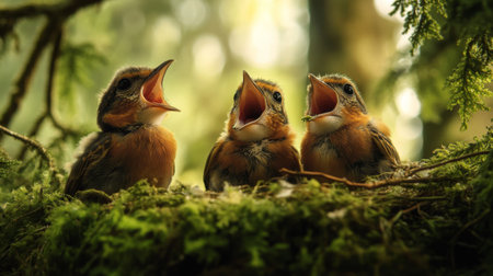 A captivating close-up of a nest with baby birds peeking out, their wide-open beaks ready for food, emphasizing the innocence and vulnerability of young wildlifeの素材