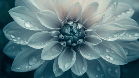 A close-up of a flower with clear water droplets gently resting on its petals, creating a serene, tranquil mood in nature.の素材