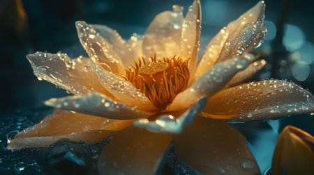 A close-up of a flower with clear water droplets gently resting on its petals, creating a serene, tranquil mood in nature.の素材