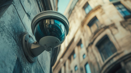 A close-up shot of a modern CCTV camera mounted on a building corner, overlooking a city street, capturing the essence of urban security and surveillanceの素材