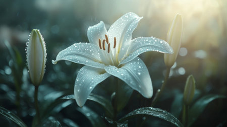 A close-up of a white lily with water droplets glistening on its soft petals, surrounded by greenery and soft, blurred light.の素材