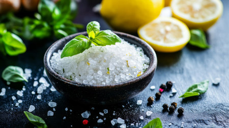 A close-up of a small bowl of flaky sea salt, with fresh herbs and lemon slices arranged artistically around it, highlighting the freshness of ingredientsの素材