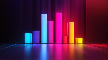 A colorful bar graph with D effects and gradient colors, displayed on a dark background, with subtle light reflections adding depth and clarityの素材