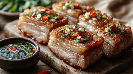 A close-up of crispy fried pork belly garnished with fresh herbs and sliced chilies, placed on a rustic wooden table with a bowl of dipping sauce beside itの素材
