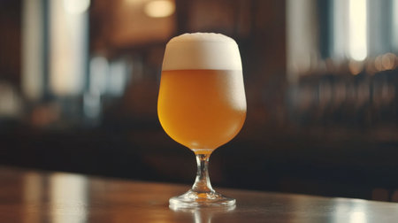 A close-up shot of a tall glass of amber beer with a thick, creamy head, sitting on a bar counter with soft lighting creating a warm ambianceの素材