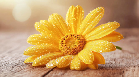 A close-up shot of a bright yellow flower with water droplets scattered across its petals, set against a soft, blurred background.の素材