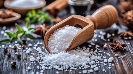 A close-up shot of coarse sea salt spilling from a wooden scoop onto a rustic wooden table, with a variety of spices and herbs in the backgroundの素材