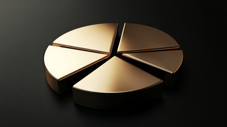 A D financial pie chart with metallic segments, casting shadows on a dark background, creating a modern, professional data visualizationの素材