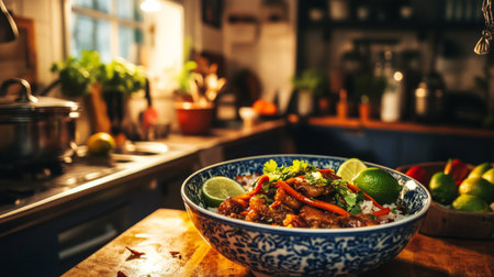 A charming setup featuring a bowl of fried pork belly with fish sauce, beautifully plated with fresh lime and chili, set against a backdrop of a cozy kitchenの素材