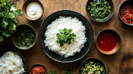 A beautiful flat lay of a meal featuring steaming white rice, fresh herbs, and dipping sauces, inviting the viewer to indulge in a flavorful experienceの素材