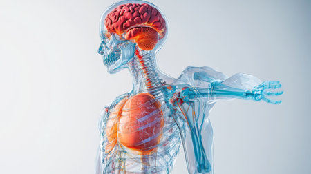 A creative composition featuring a human skeleton with organs superimposed in a transparent overlay, illustrating the connection between structure and functionの素材