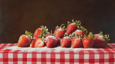 A delightful composition of strawberries with a sprinkle of sugar on top, set against a vibrant red and white checkered tablecloth, evoking a picnic vibeの素材