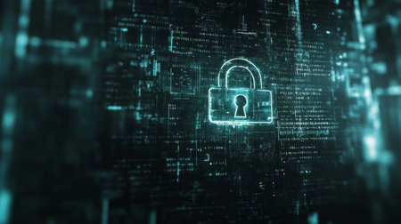 A digital padlock on a computer screen, with binary code in the background, symbolizing online data protection and encryption.の素材