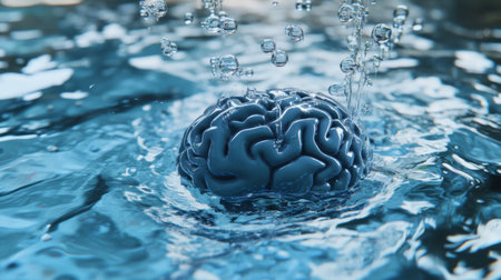 A conceptual image of a brain submerged in water, with bubbles rising around it, symbolizing ideas and thoughts floating to the surfaceの素材