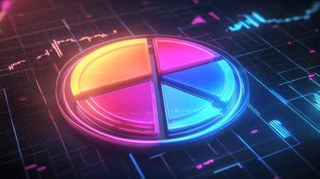 A digital pie chart with multicolored segments, glowing slightly against a dark grid background, conveying a high-tech financial data conceptの素材