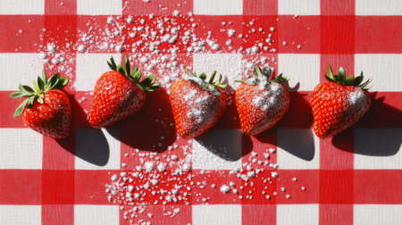 A delightful composition of strawberries with a sprinkle of sugar on top, set against a vibrant red and white checkered tablecloth, evoking a picnic vibeの素材