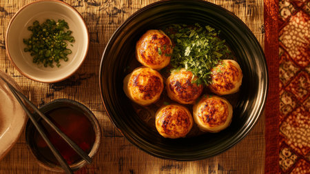 A cozy scene featuring a bowl of takoyaki served with fresh herbs and a side of dipping sauce, set on a textured tablecloth, creating a warm dining atmosphereの素材