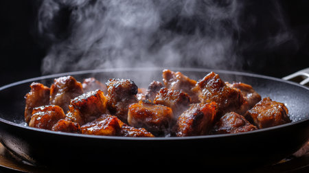 A dynamic image of sizzling pork belly being fried in a pan, with steam rising and the texture of the meat highlighted, evoking the cooking processの素材