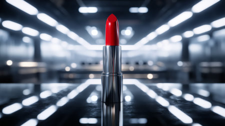 A dramatic shot of a single lipstick tube standing upright on a mirrored surface, reflecting its bold color, surrounded by soft, ambient lightingの素材