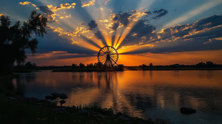 A dramatic sunset view of a silhouetted water wheel against the horizon, with golden rays illuminating the surrounding landscape, creating a captivating atmosphereの素材