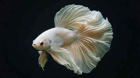 A dramatic image of a betta fish flaring its fins, displaying its vibrant colors and aggressive posture, set against a dark background for high contrastの素材