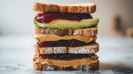 A dynamic shot of a stack of toast with a variety of spreads, including avocado, peanut butter, and jam, set on a marble countertop, inviting a delightful brunchの素材