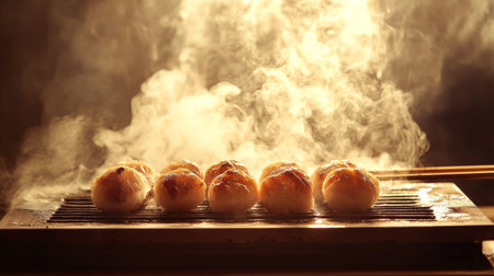 A dynamic image of takoyaki balls sizzling on a hot griddle, with a smoky background and steam rising, capturing the essence of street food preparationの素材