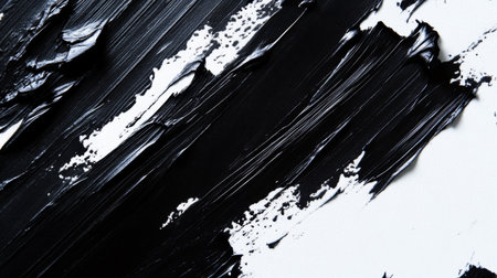 A high-contrast abstract background with bold black brushstrokes on a white canvas, creating an artistic, minimalist look with textureの素材