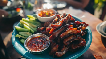 A serene table setting featuring a platter of fried pork belly, accompanied by a small bowl of spicy dipping sauce and fresh vegetables, inviting a delicious mealの素材
