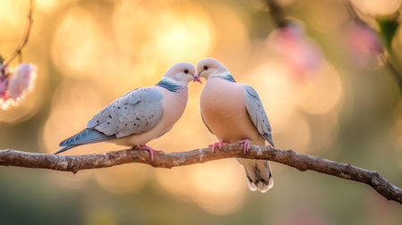 A picturesque image of a couple of doves gently preening each other on a tree branch, highlighting their affectionate behavior against a soft, blurred backgroundの素材