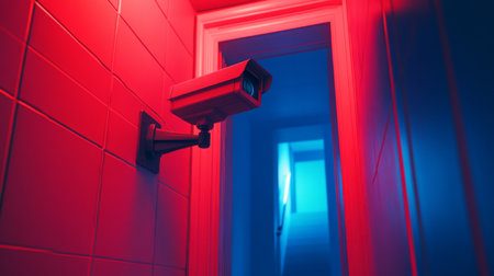 A striking image of a CCTV camera positioned at the entrance of a corporate office, emphasizing security measures in business environmentsの素材