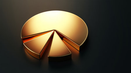 A golden pie chart with sleek metallic segments, set on a dark gradient background, representing investment proportions in goldの素材