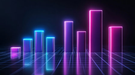 A futuristic D bar graph with glowing neon bars in purple and blue tones, positioned on a reflective dark background with subtle light reflectionsの素材