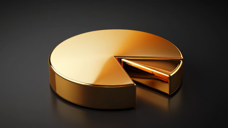 A golden pie chart with sleek metallic segments, set on a dark gradient background, representing investment proportions in goldの素材
