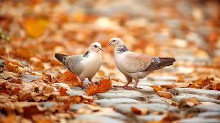 A serene image of a pair of doves walking together on a cobblestone path, with fallen leaves around them, showcasing a peaceful autumn sceneの素材