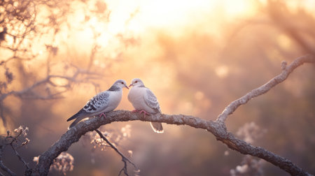 A picturesque image of a couple of doves gently preening each other on a tree branch, highlighting their affectionate behavior against a soft, blurred backgroundの素材