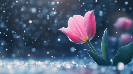 A pink tulip with sparkling water droplets on its petals, captured on a rainy day with a soft-focus background.の素材
