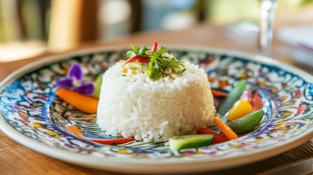 A warm shot of a single serving of steaming white rice on a decorative plate, with colorful vegetables around it, showcasing an inviting culinary displayの素材