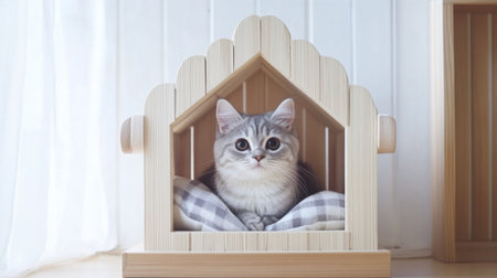 A Scandinavian-style cat house with light wood and white accents, featuring a comfortable bed inside, blending with minimalist decorの素材