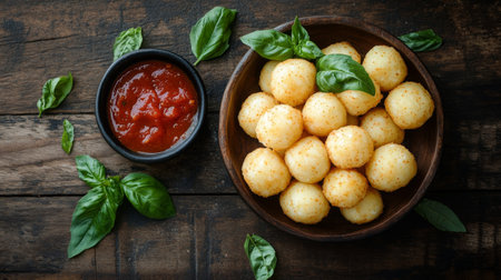 A warm, inviting shot of cheese balls on a rustic wooden table, with a side of marinara sauce and fresh basil leaves, emphasizing the classic snack experienceの素材