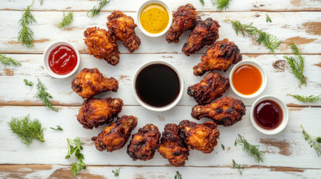 A playful composition of fried chicken arranged in a circular pattern on a white background, with dipping sauces placed artistically around the dishの素材