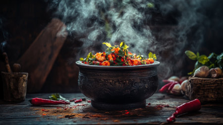 A steaming bowl of hot and sour shrimp soup with vibrant red and green herbs, set on a wooden table with ingredients like lime and chili peppers surrounding itの素材