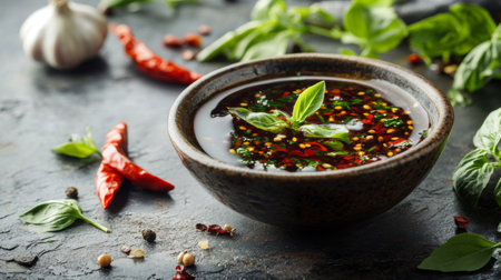 A rustic kitchen scene featuring a bowl of sweet fish sauce dip, surrounded by fresh herbs, garlic, and chili peppers, showcasing the ingredients of the dishの素材