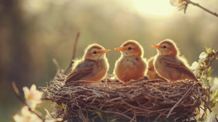 A serene image of a nest filled with baby birds, with one bird stretching its wings, capturing the essence of growth and the nurturing environment of natureの素材