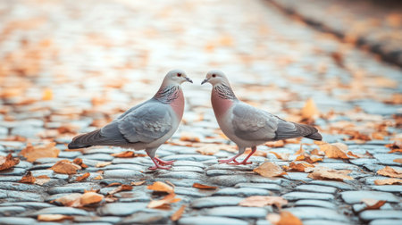 A serene image of a pair of doves walking together on a cobblestone path, with fallen leaves around them, showcasing a peaceful autumn sceneの素材