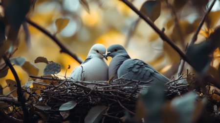 A tranquil shot of a pair of doves cuddled together in their nest, nestled among twigs and leaves, conveying warmth and the nurturing side of natureの素材