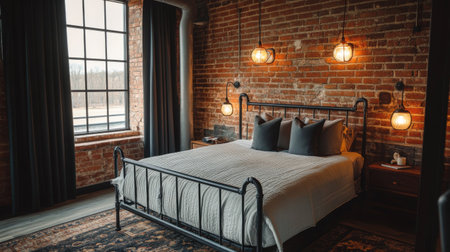 A stylish, industrial-style bedroom with a metal bed frame, exposed brick walls, and contemporary lighting fixtures.の素材