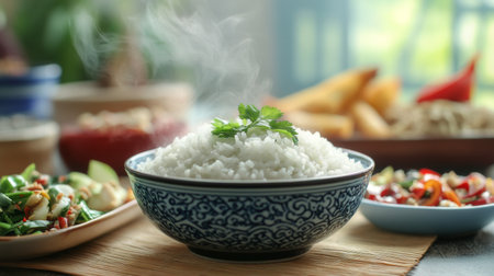 A serene image of a bowl of steaming white rice served alongside colorful dishes, showcasing a traditional Thai meal and the comfort of home-cooked foodの素材